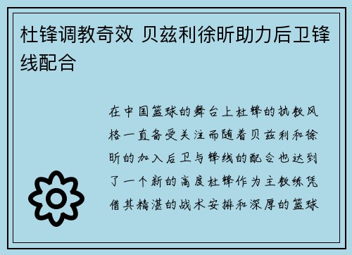 杜锋调教奇效 贝兹利徐昕助力后卫锋线配合